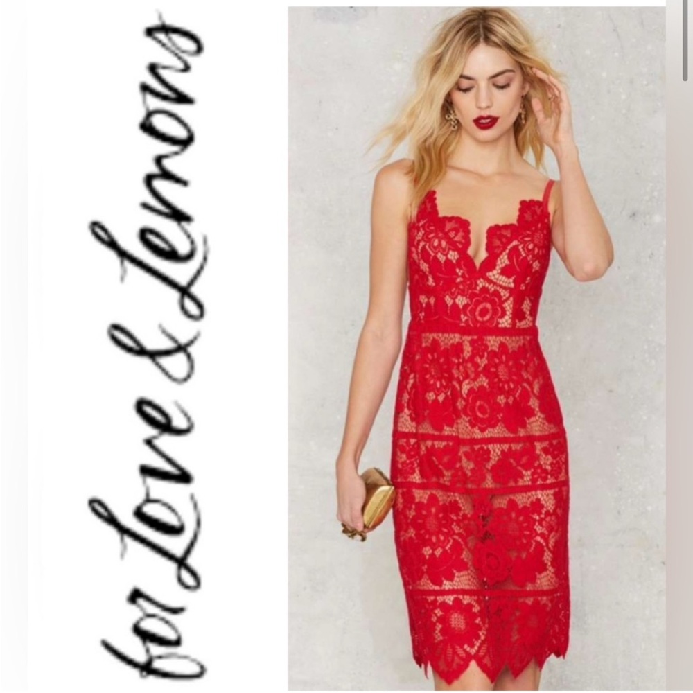 For Love and Lemons Gianna Red Lace Midi Bodycon Dress Sheer  XS